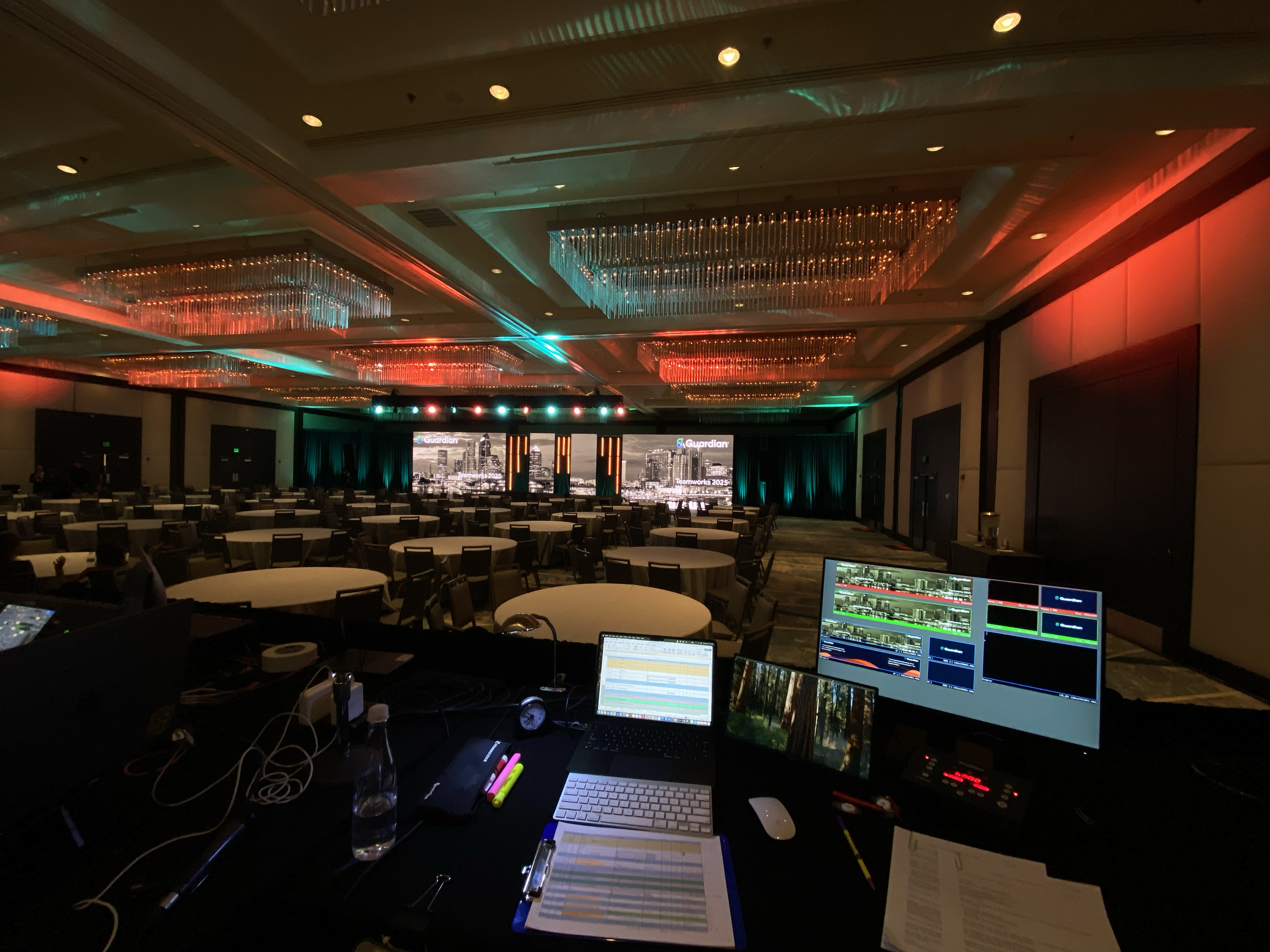 Red and teal ballroom event lighting